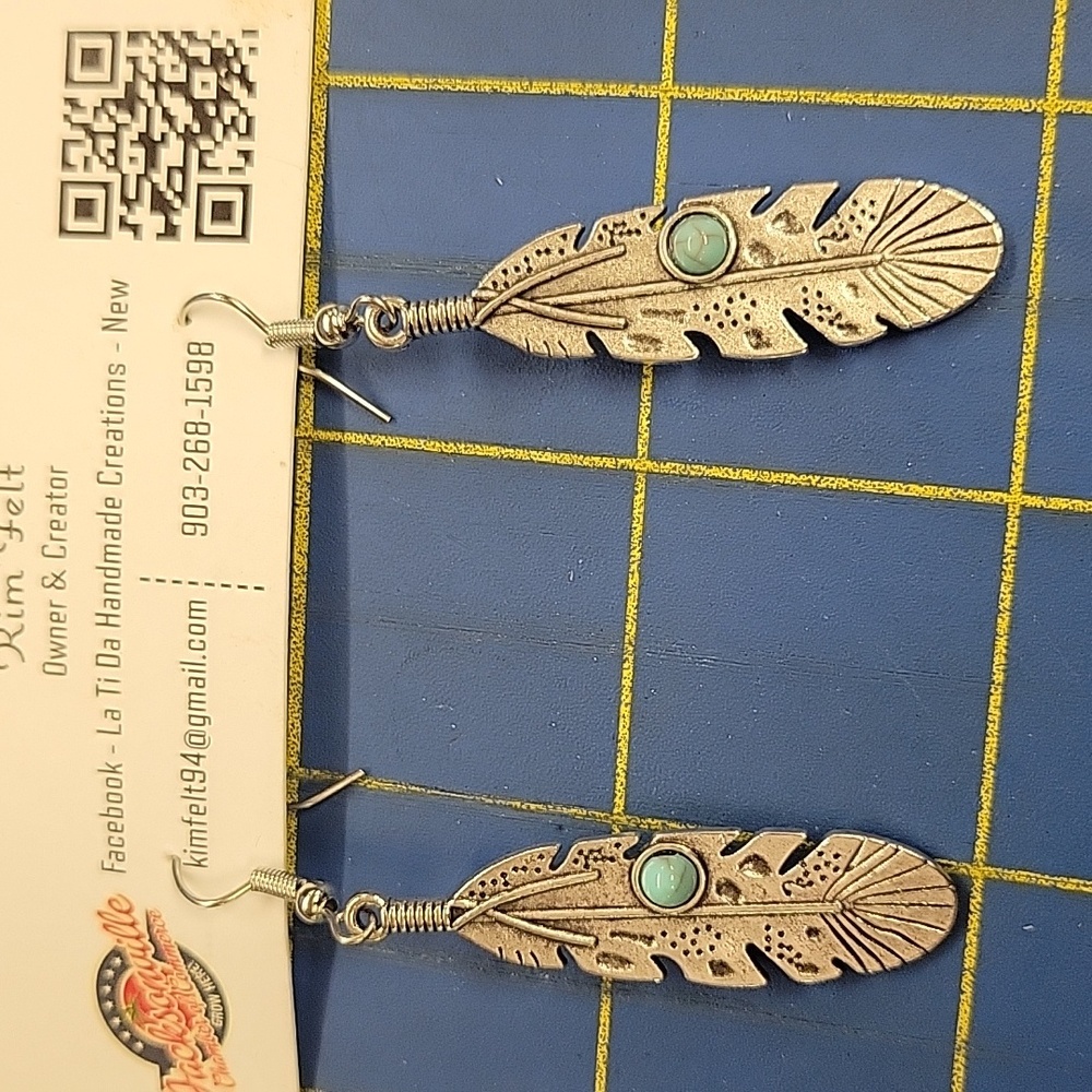 Silver Tone Turquoise Faux Feather 1.5